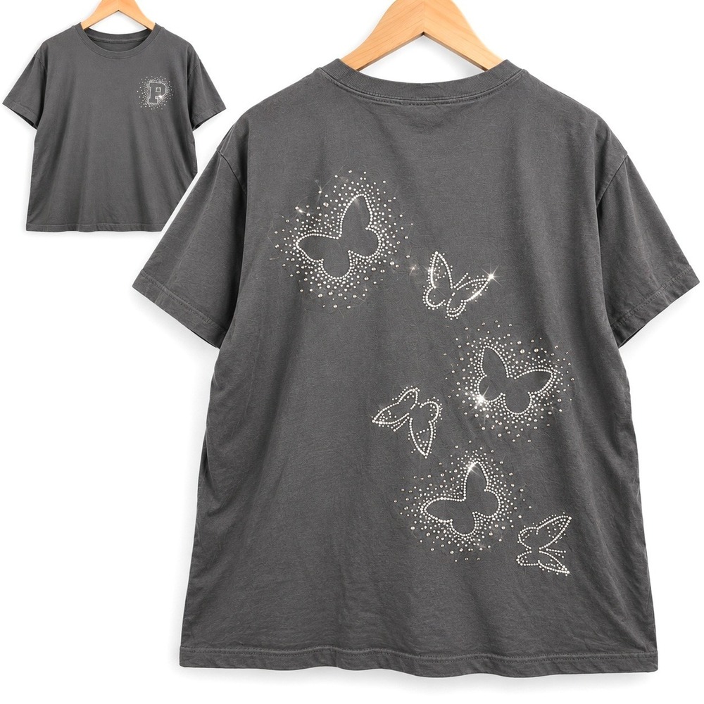 Pink Victoria's Secret Shirt M Gray Rhinestone Butterfly Bling y2k sparkly